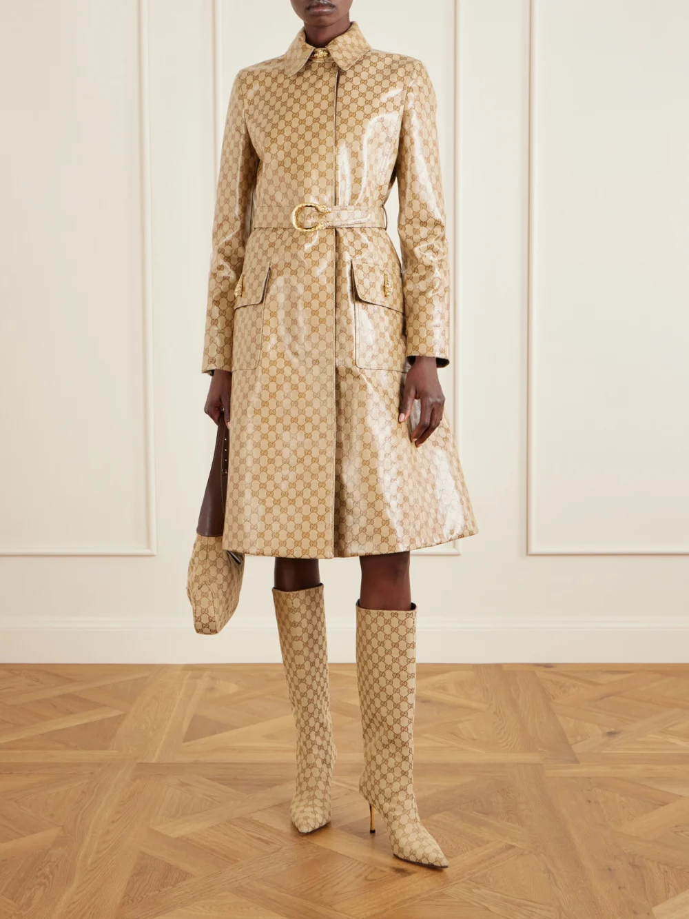 Gucci Belted Coated-canvas Trench Coat, worn by a model