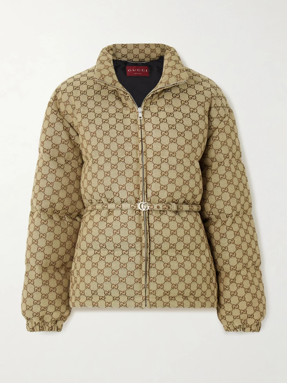 Gucci Belted Leather-trimmed Cotton-blend Canvas Down Jacket in camel