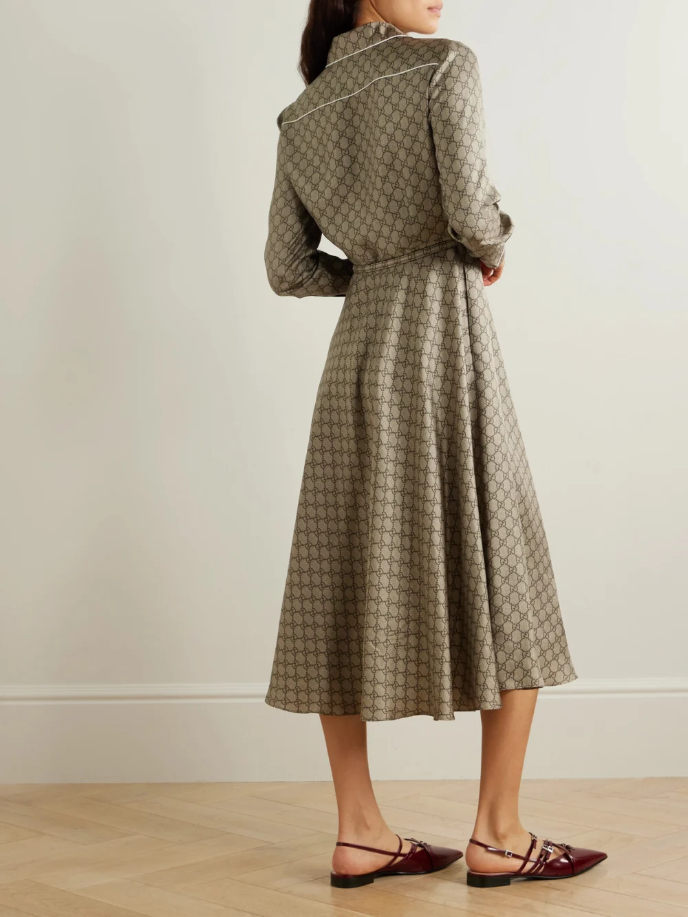 Back view of the Gucci Belted Piped Printed Silk-twill Midi Shirt Dress