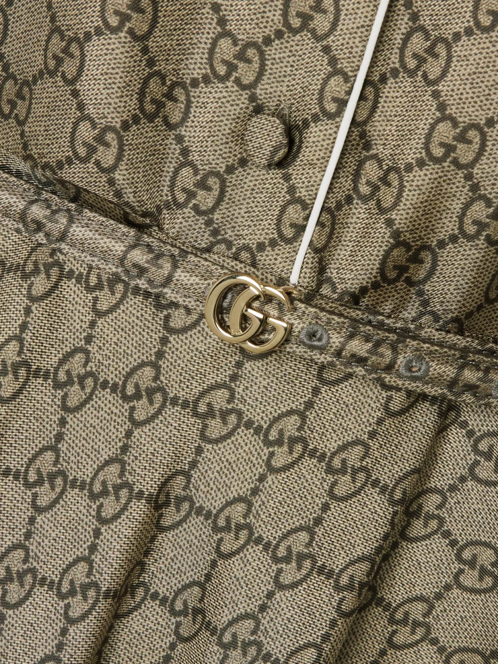 Close-up detail of the Gucci Belted Piped Printed Silk-twill Midi Shirt Dress