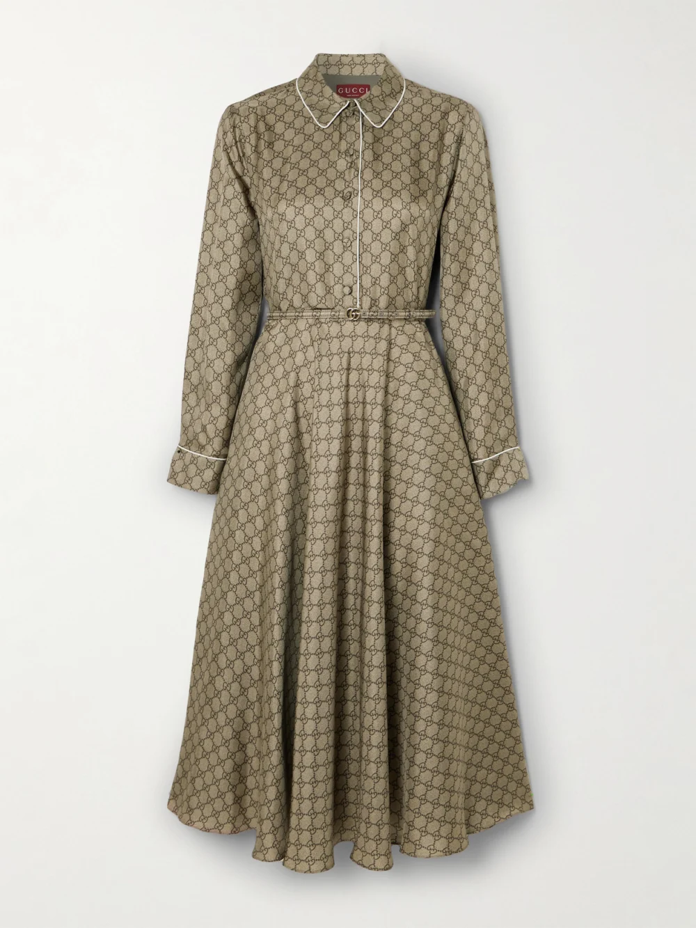 Gucci Belted Piped Printed Silk-twill Midi Shirt Dress in camel