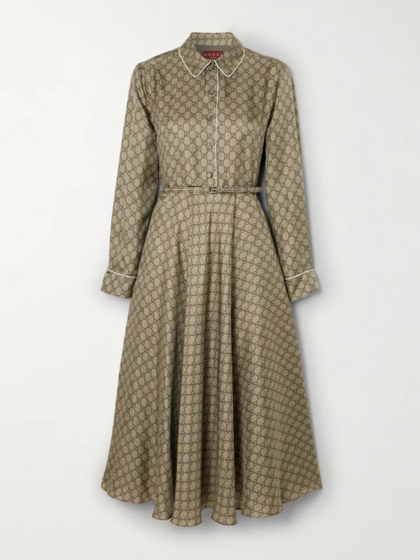 Gucci Belted Piped Printed Silk-twill Midi Shirt Dress
