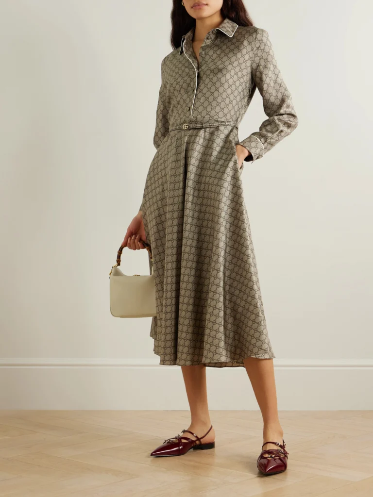 Gucci Belted Piped Printed Silk-twill Midi Shirt Dress