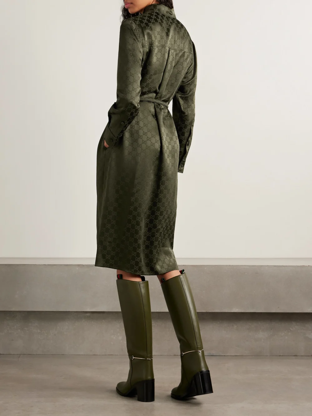 Back view of the Gucci Belted Satin-jacquard Midi Shirt Dress