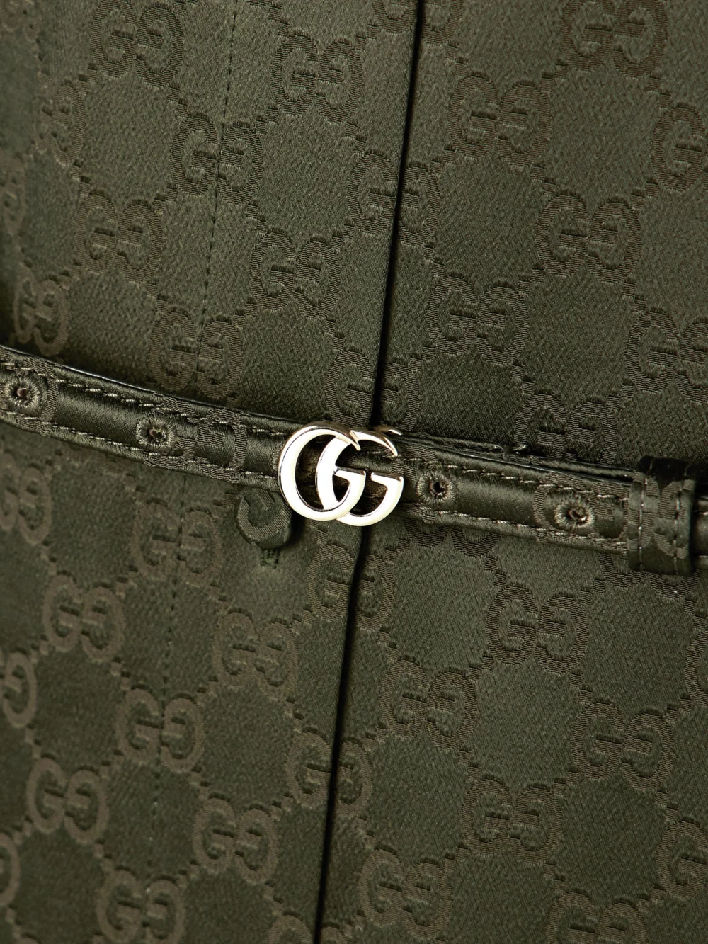 Close-up detail of the Gucci Belted Satin-jacquard Midi Shirt Dress