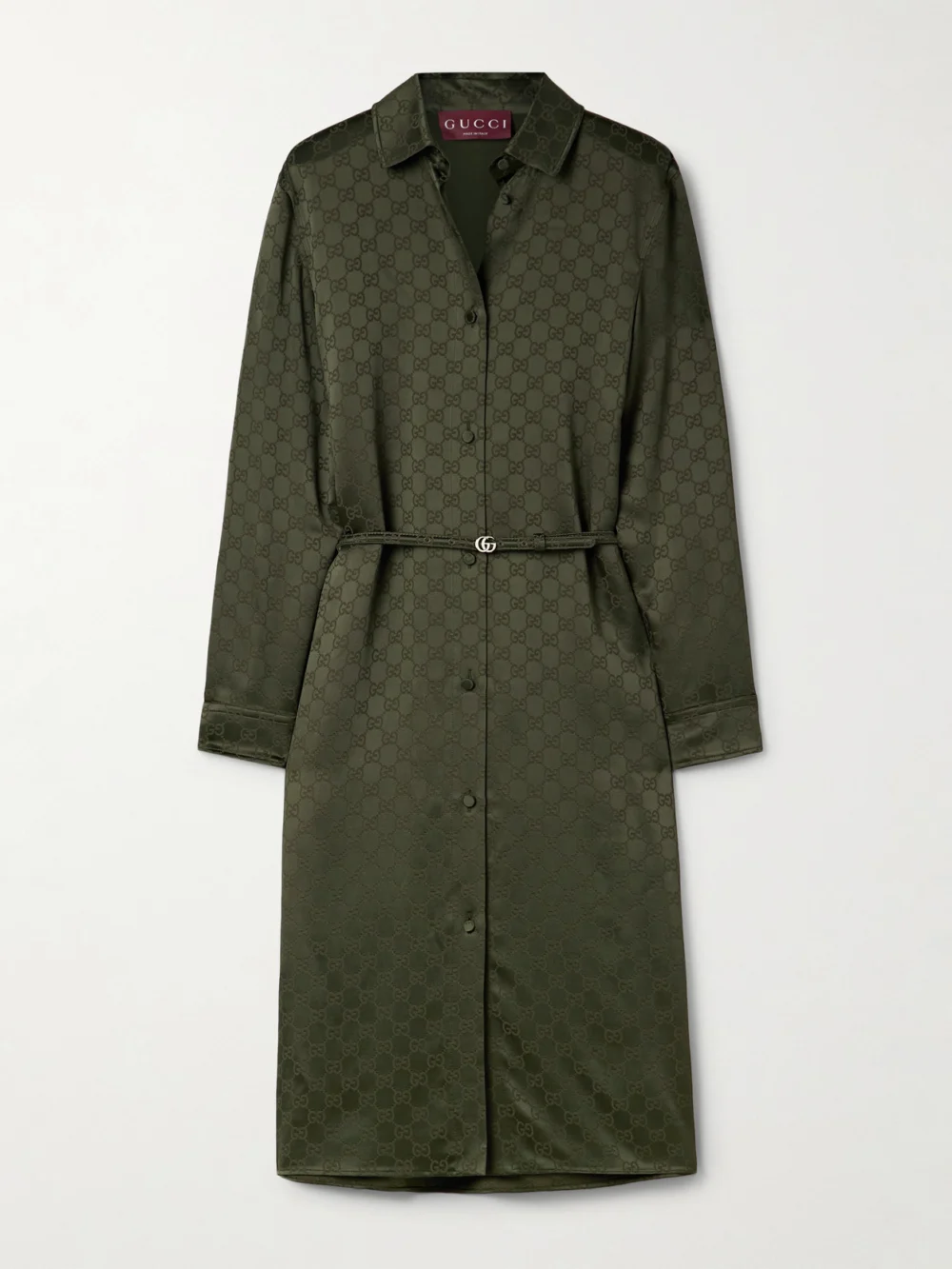 Gucci Belted Satin-jacquard Midi Shirt Dress in army green