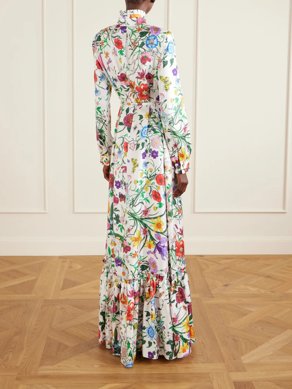 Back view of the Gucci Belted Tie-detailed Pleated Floral-print Silk-twill Maxi Dress