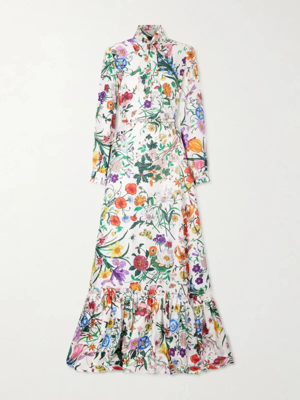 Gucci Belted Tie-detailed Pleated Floral-print Silk-twill Maxi Dress