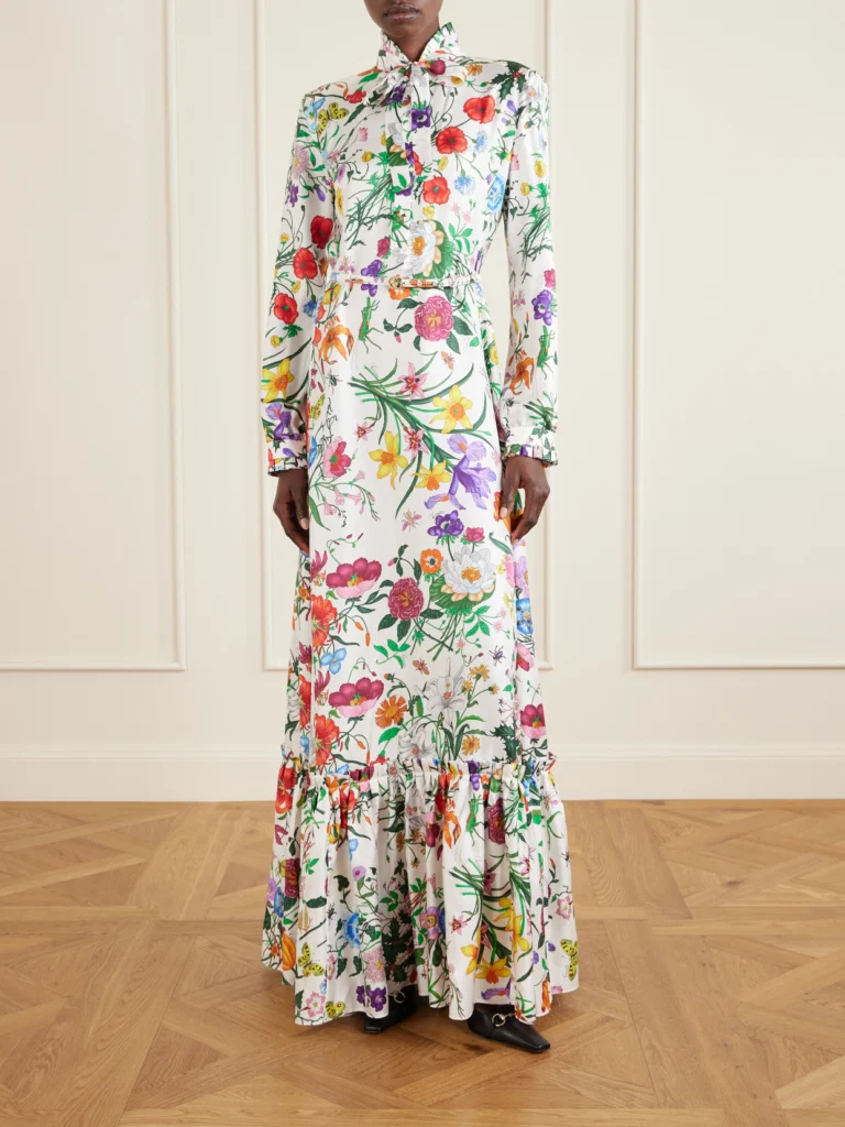 Gucci Belted Tie-detailed Pleated Floral-print Silk-twill Maxi Dress