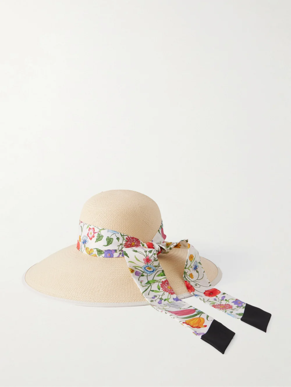 Back view of the Gucci Beverlie Floral-print Silk and Leather-trimmed Straw Hat