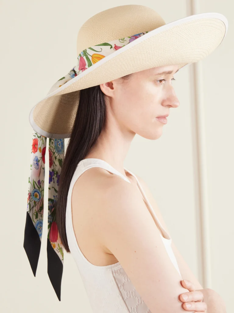 Gucci Beverlie Floral-print Silk and Leather-trimmed Straw Hat