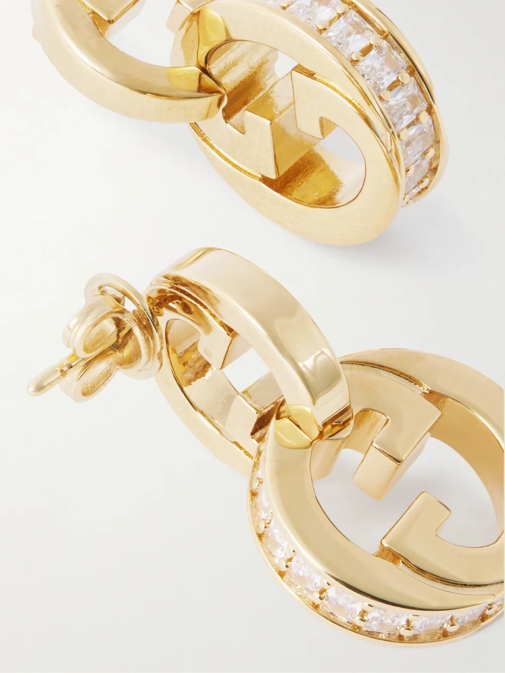 Close-up detail of the Gucci Blondie Gold-tone Crystal Hoop Earrings