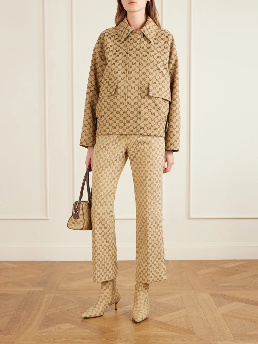 Gucci Bombshell Canvas-jacquard Ankle Boots, styled view