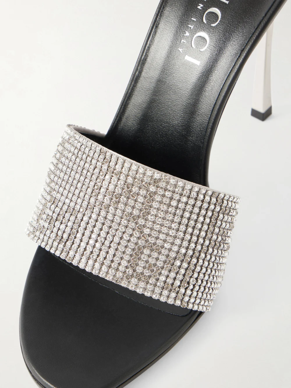 Close-up detail of the Gucci Bombshell Crystal-embellished Mesh Mules