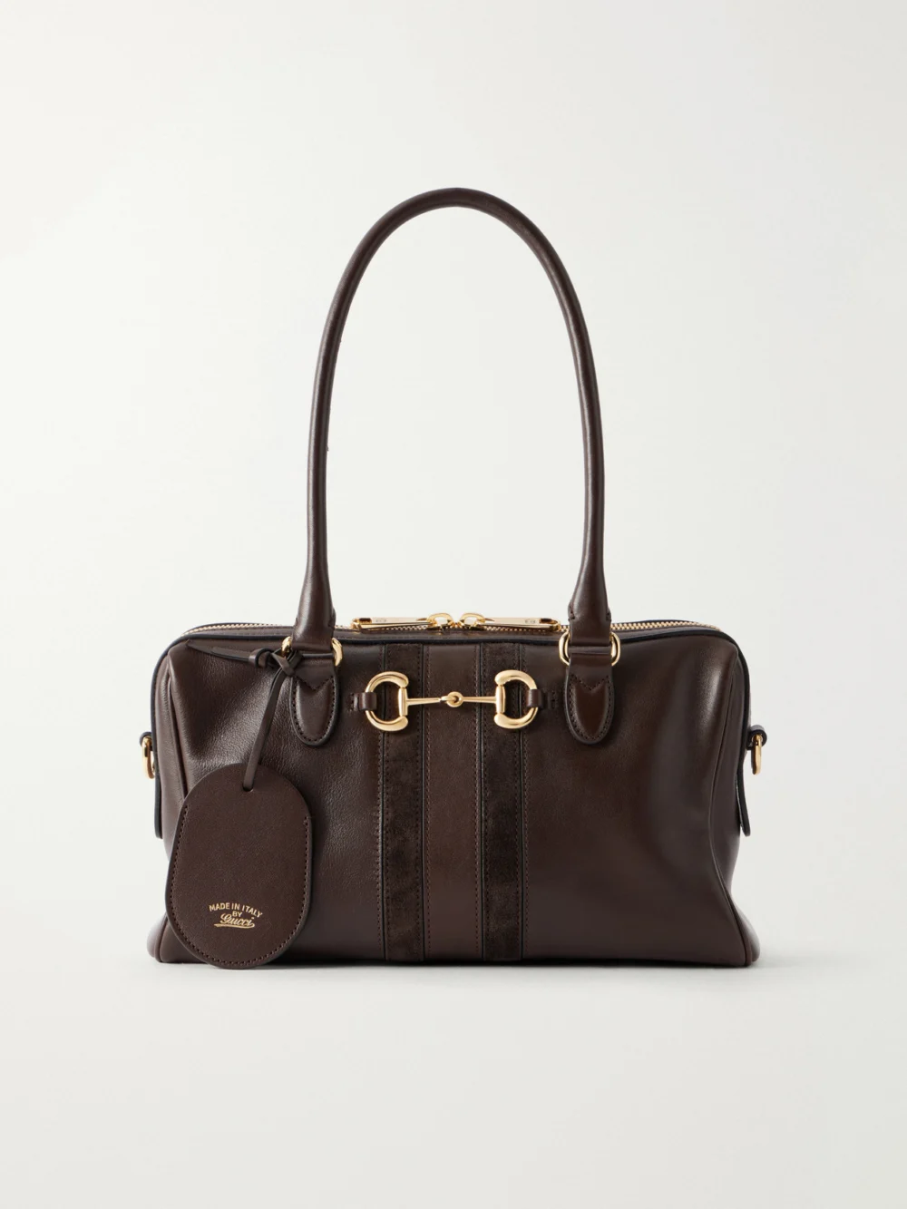 Gucci Borsetto Horsebit-embellished Suede-trimmed Leather Shoulder Bag in brown