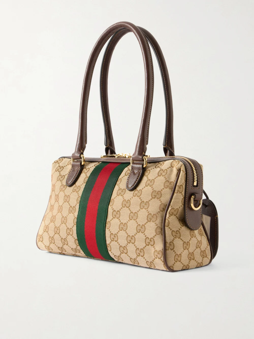 Back view of the Gucci Borsetto Medium Leather and Webbing-trimmed Canvas-jacquard Shoulder Bag