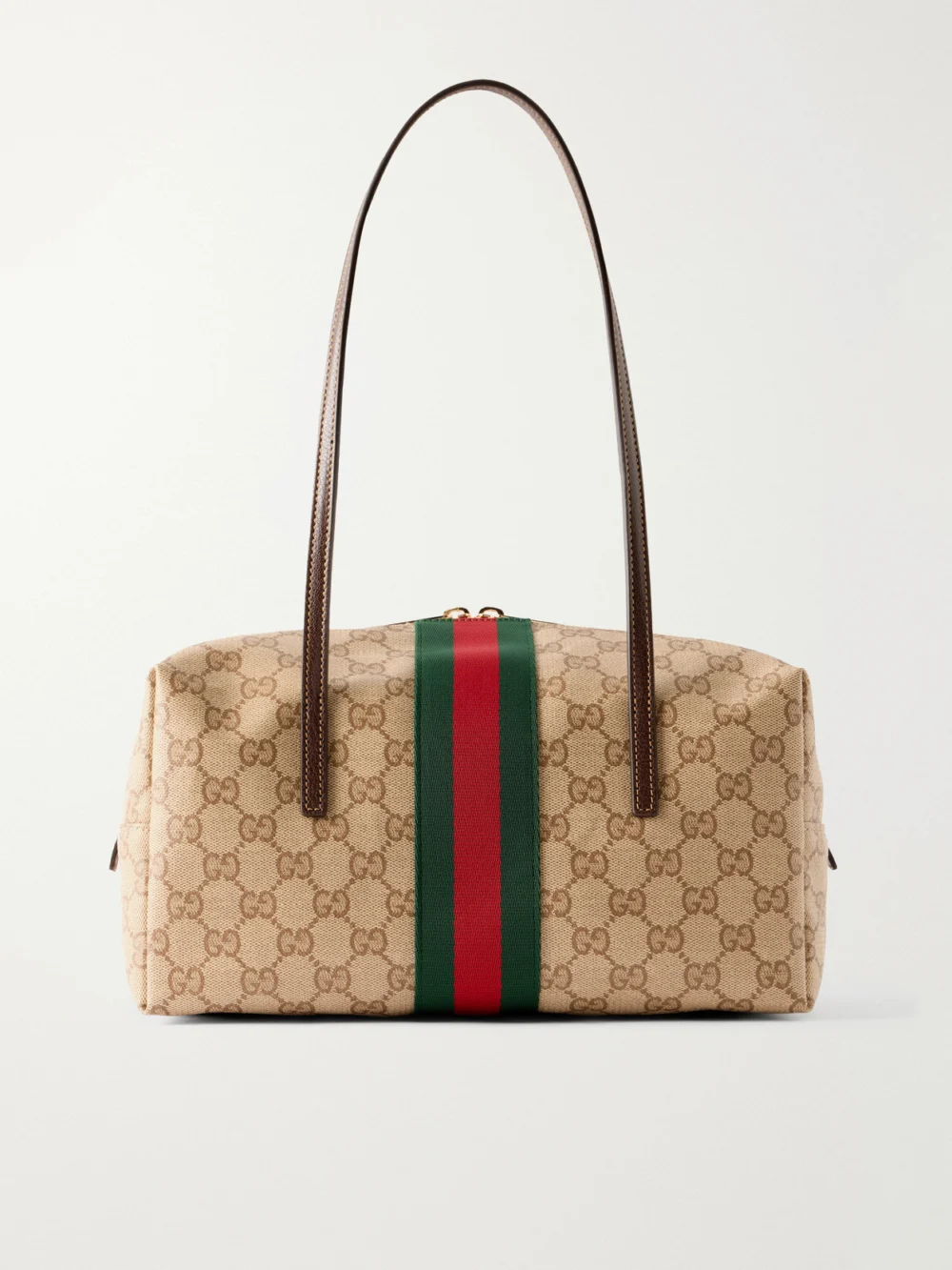 Gucci Boston Leather-trimmed Coated Canvas-jacquard Shoulder Bag in beige