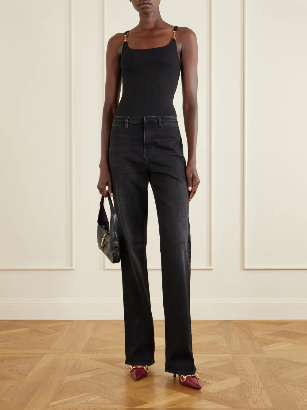 Gucci Boulevard Horsebit-embellished Leather Pumps, styled view