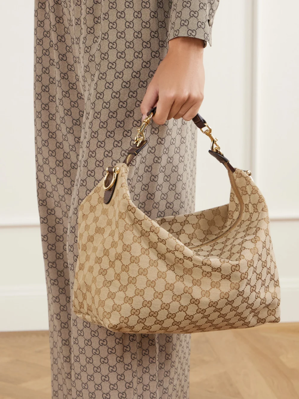 Gucci Brera Logo-jacquard Leather-trimmed Canvas Shoulder Bag, styled view