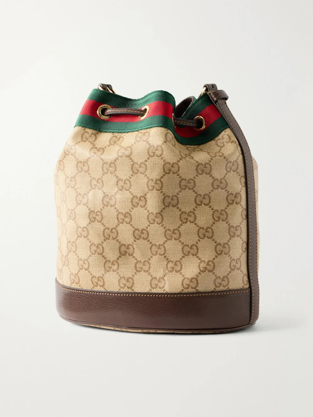 Back view of the Gucci Bucket Small Leather-trimmed Coated Canvas-jacquard Shoulder Bag