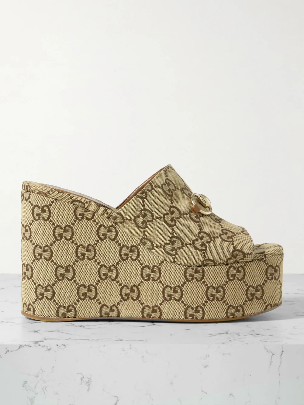 Gucci Carmen Horsebit-embellished Canvas-jacquard Wedge Mules in beige