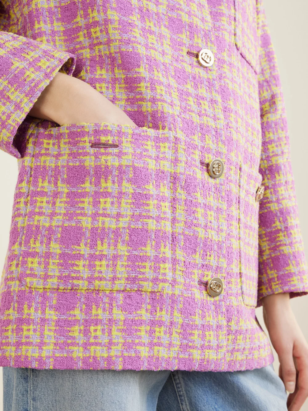 Close-up detail of the Gucci Cotton-blend Tweed Blazer