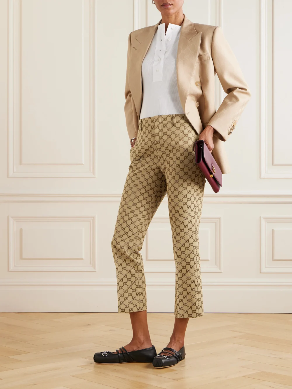 Gucci Cropped Cotton-blend Canvas-jacquard Straight-leg Pants, worn by a model