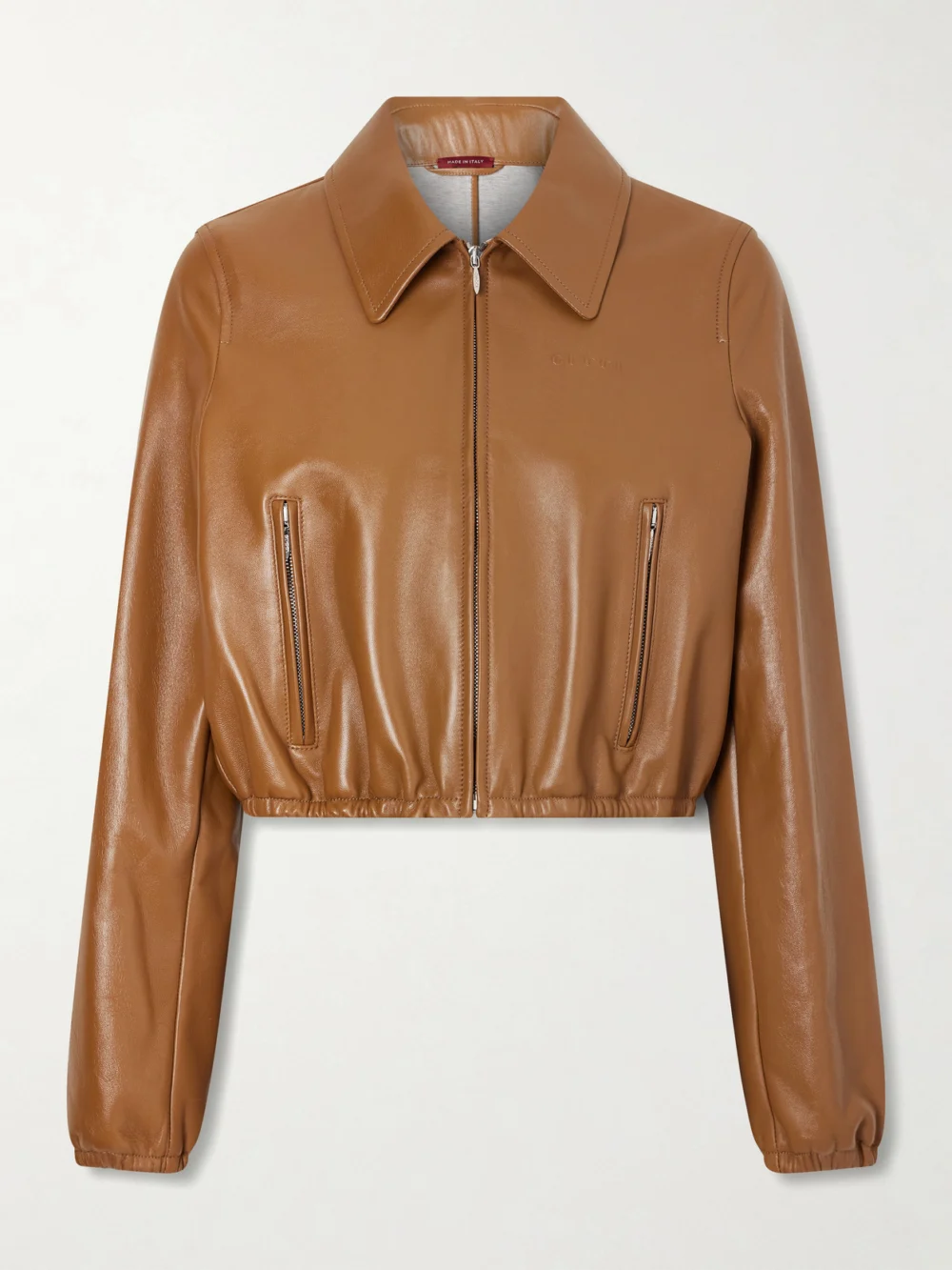 Gucci Cropped Embossed Leather Bomber Jacket in tan