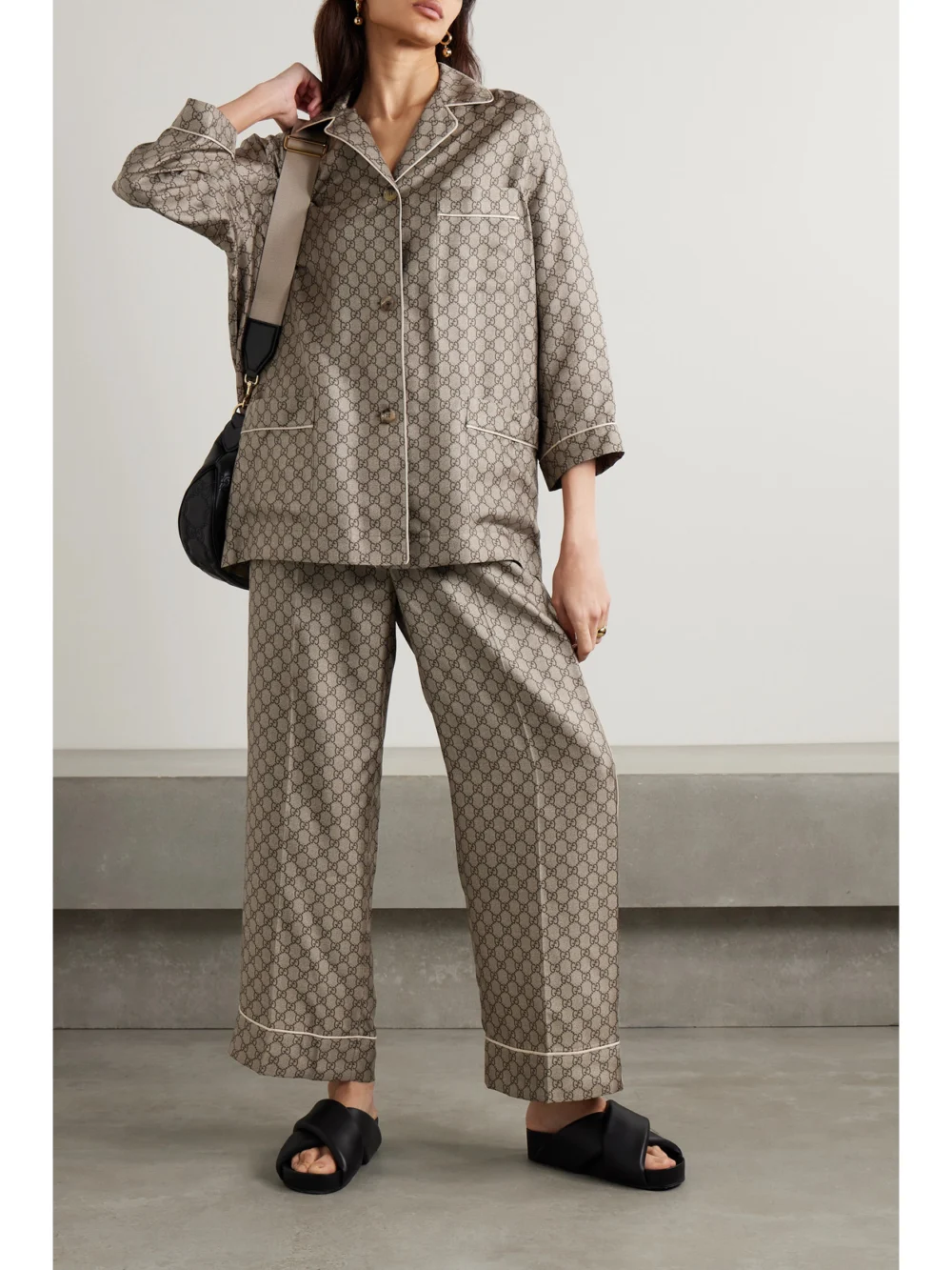 Gucci Cropped Silk-satin Jacquard Wide-leg Pants, worn by a model