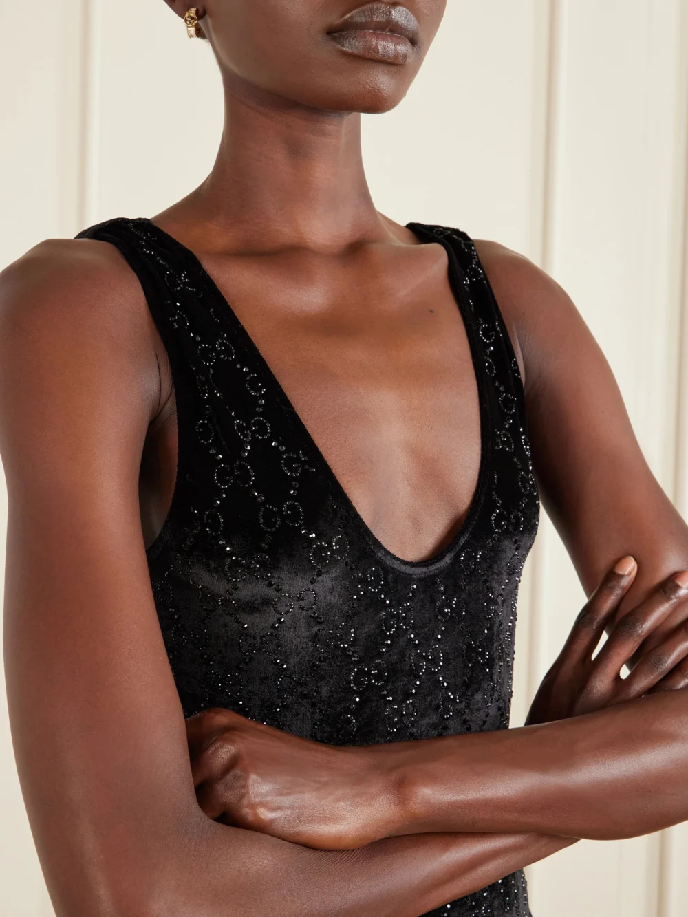 Close-up detail of the Gucci Crystal-embellished Chenille-jacquard Bodysuit