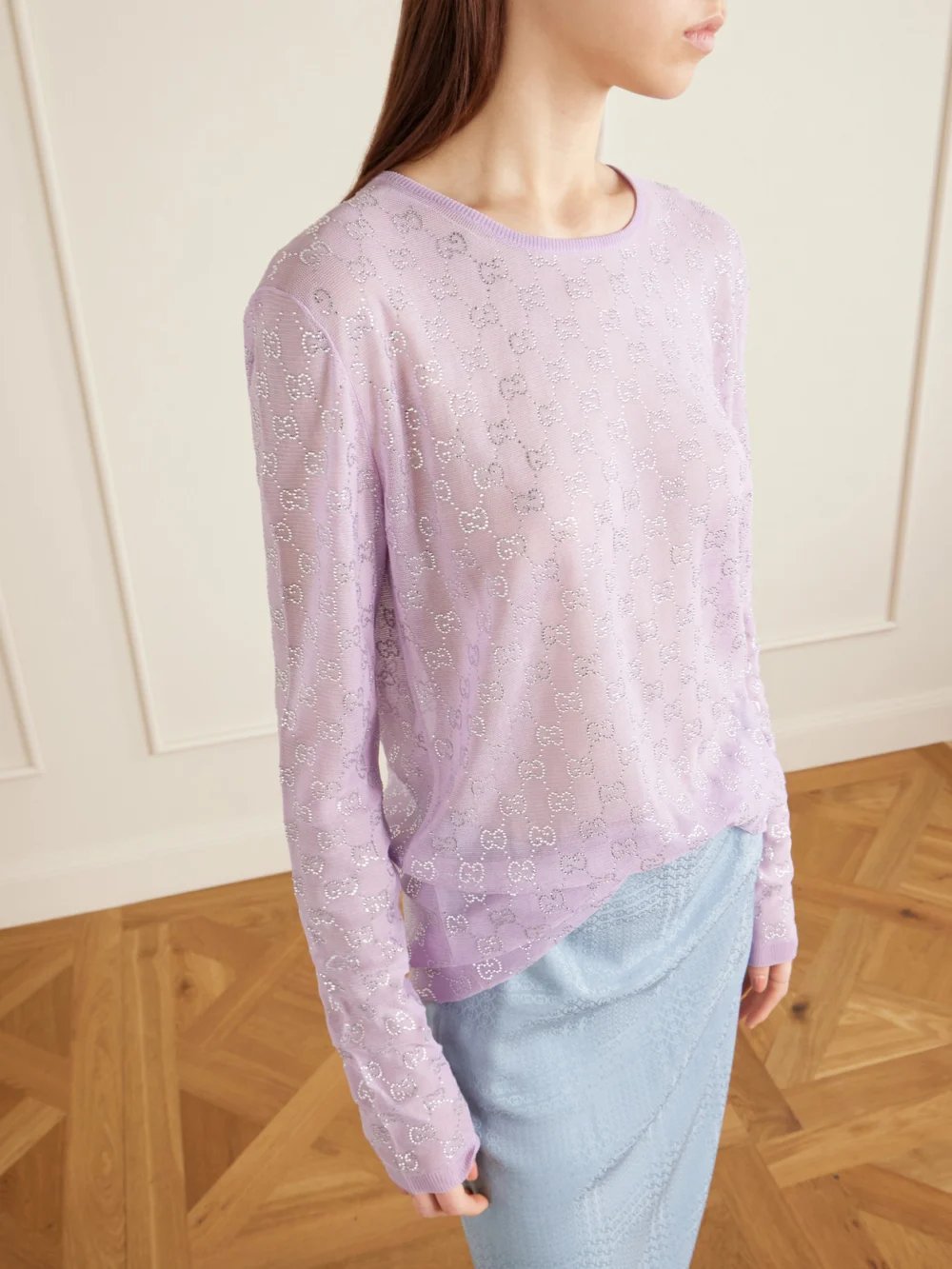 Close-up detail of the Gucci Crystal-embellished Knitted Silk Sweater