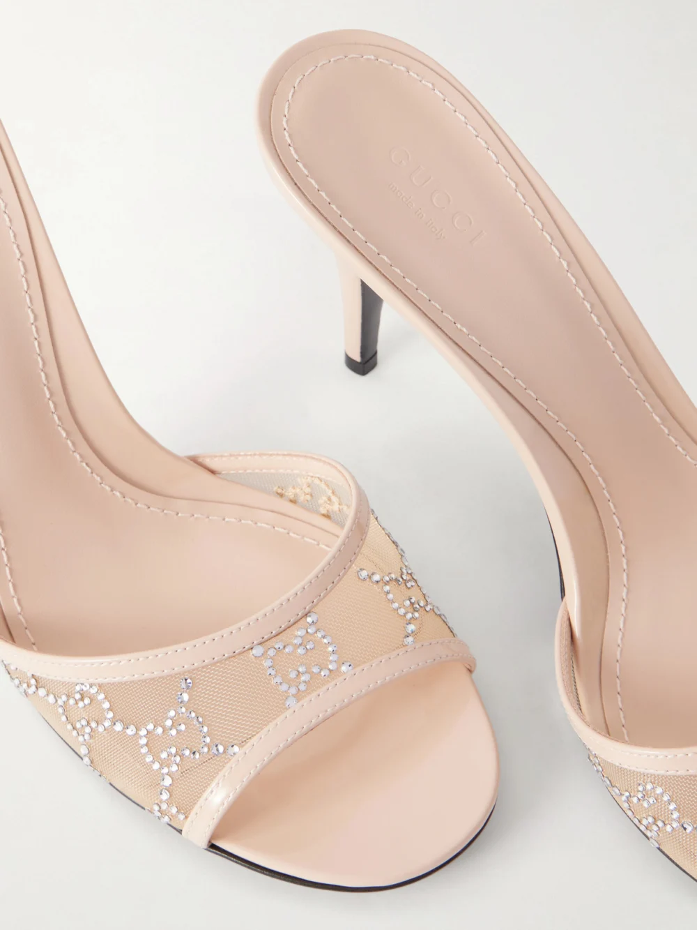 Close-up detail of the Gucci Crystal-embellished Leather-trimmed Mesh Sandals