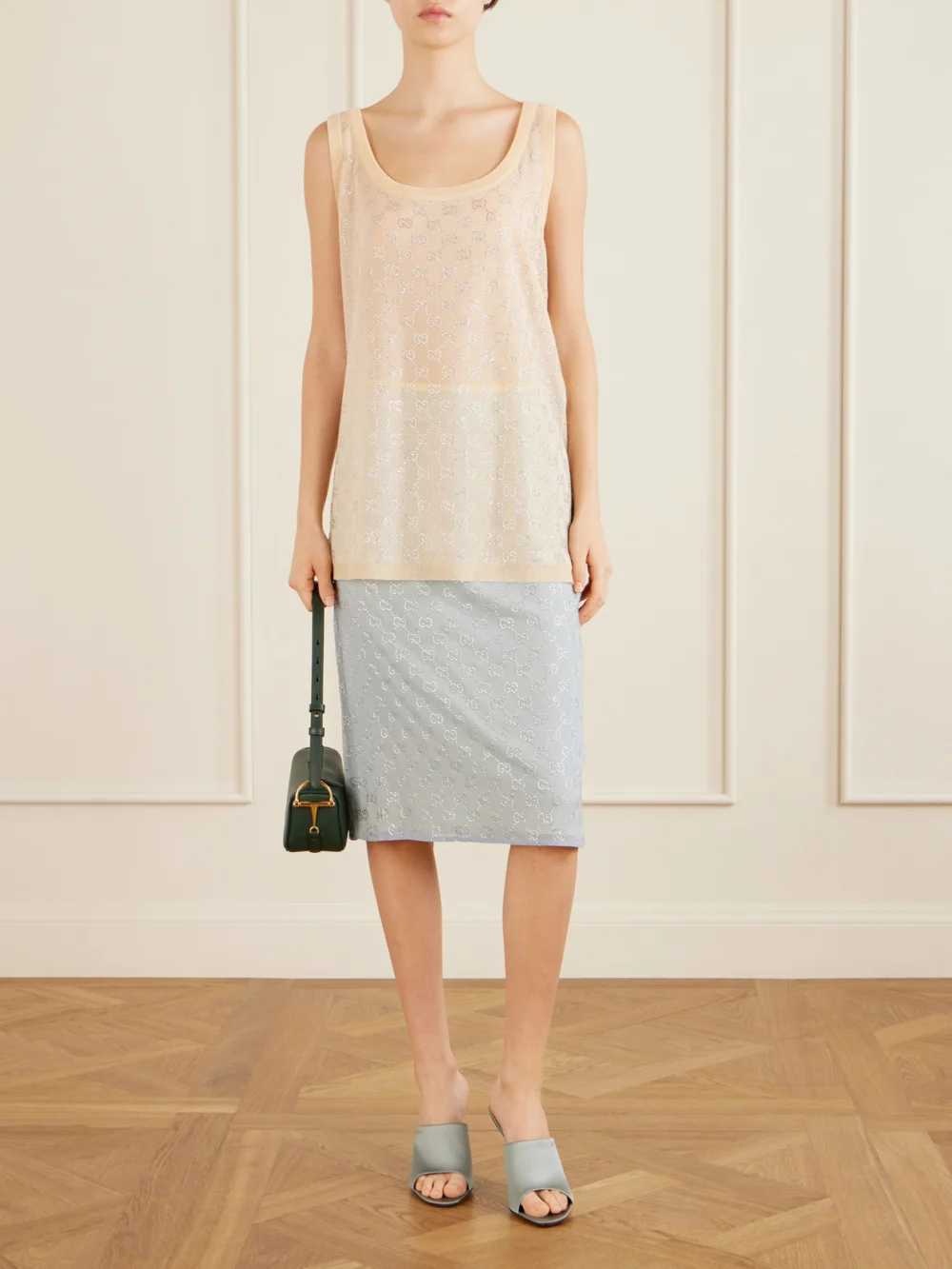 Gucci Crystal-embellished Silk-blend Midi Skirt, worn by a model