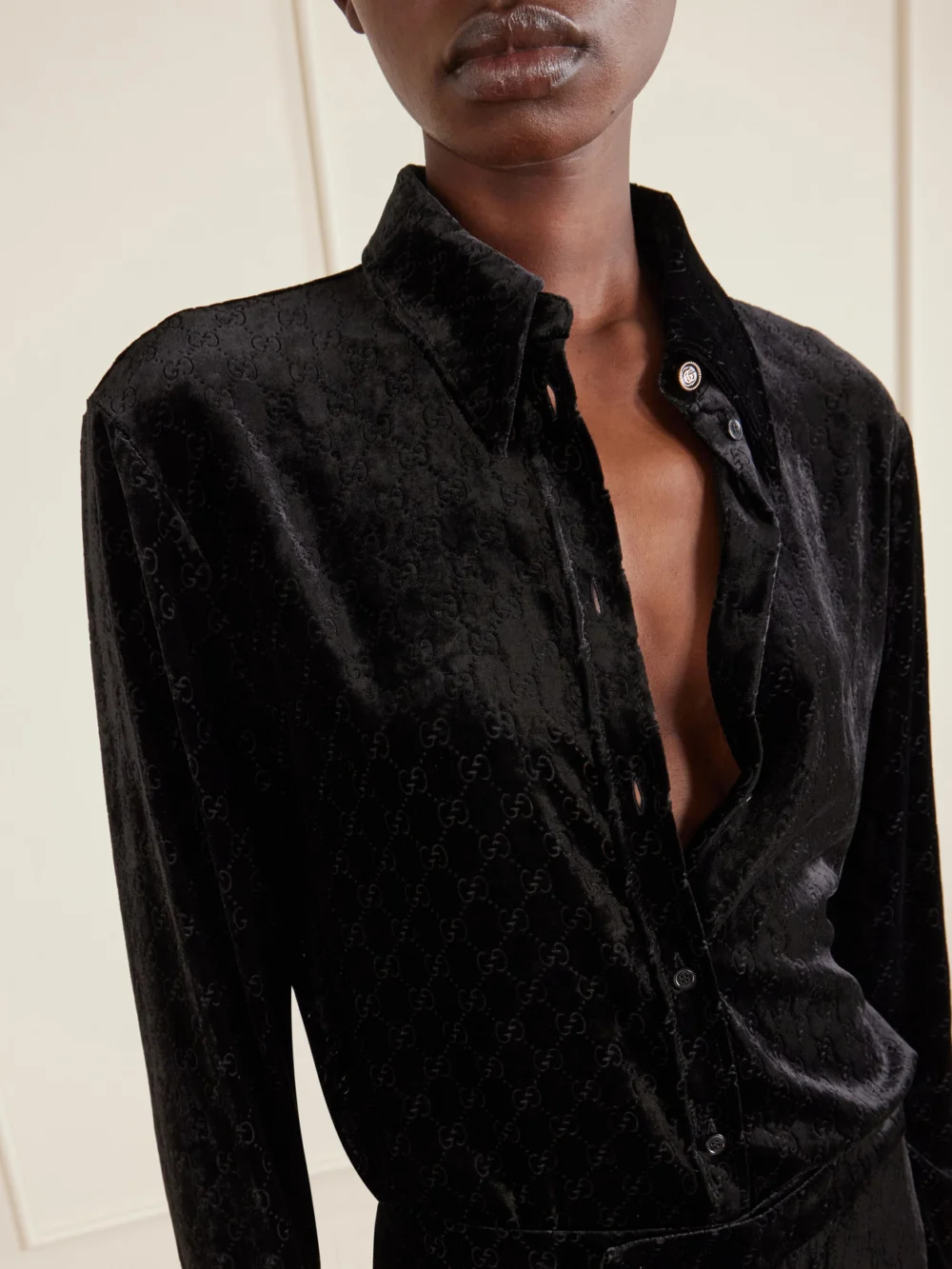 Close-up detail of the Gucci Devoré-velvet Shirt