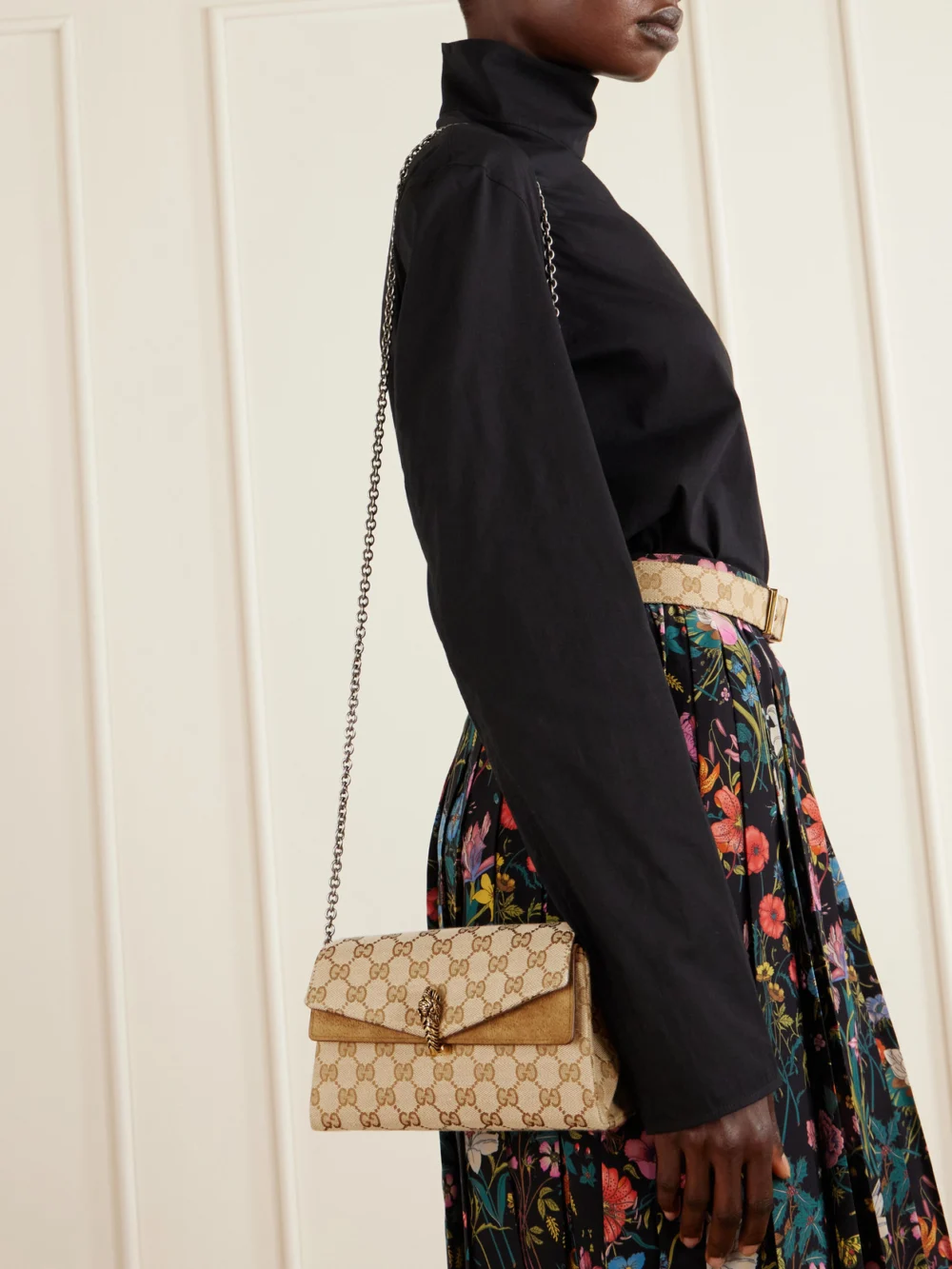 Gucci Dionysus Leather-trimmed Canvas-jacquard Shoulder Bag, styled view