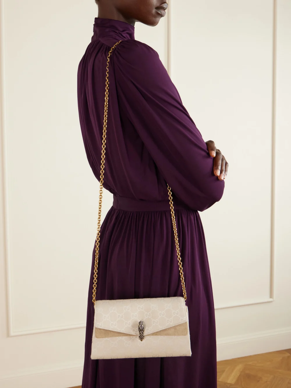 Gucci Dionysus Leather-trimmed Canvas-jacquard Shoulder Bag, styled view