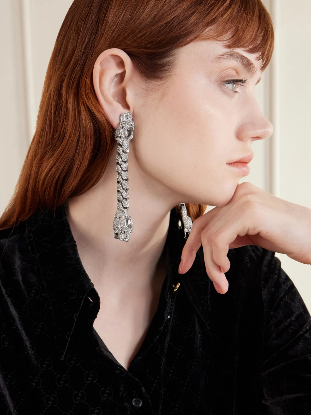 Gucci Dionysus Silver-tone and Crystal Earrings, styled view