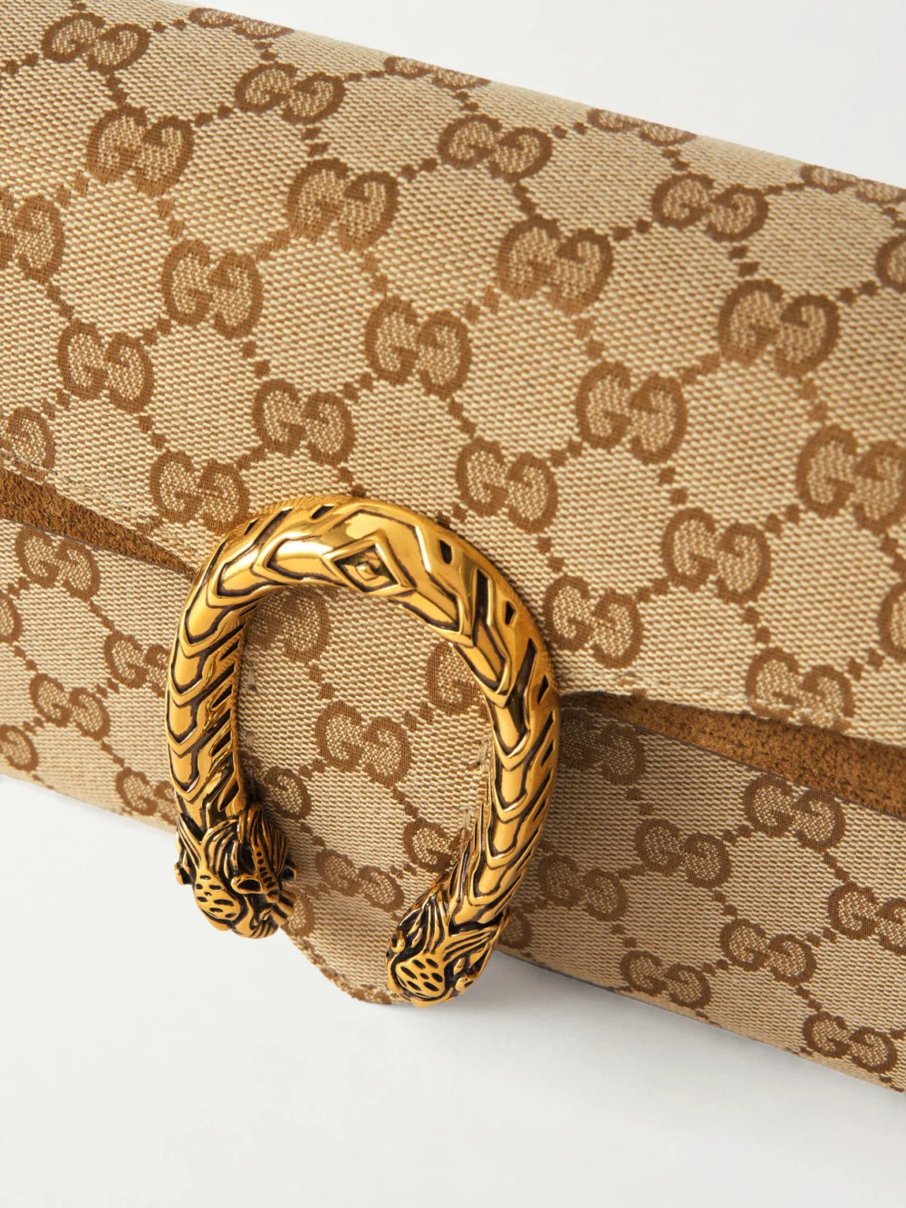 Close-up detail of the Gucci Dionysus Small Embellished Suede-trimmed Coated Canvas-jacquard Shoulder Bag