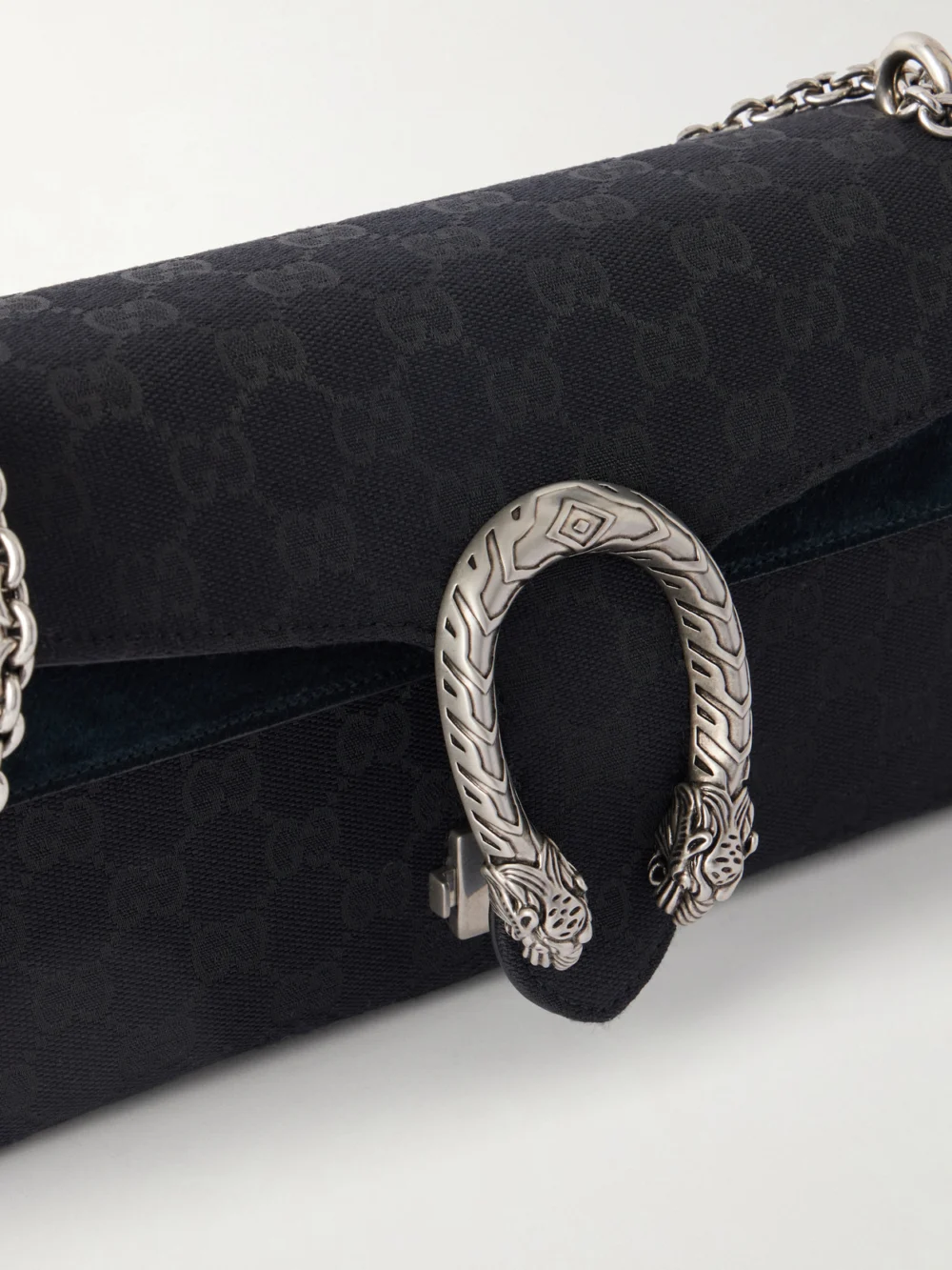 Close-up detail of the Gucci Dionysus Suede-trimmed Canvas-jacquard Shoulder Bag