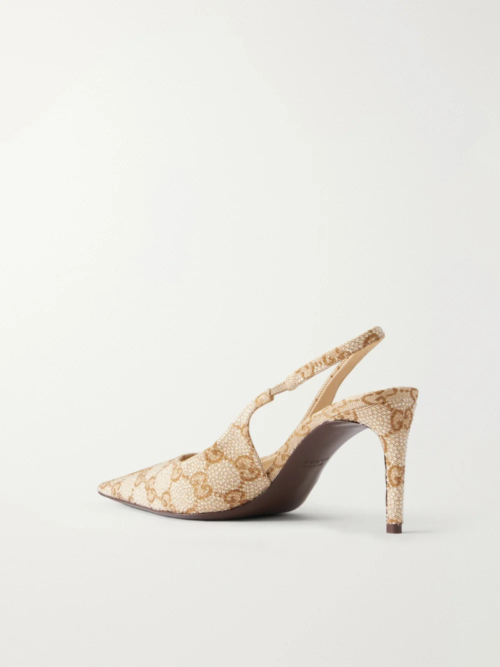 Back view of the Gucci Donna 80 Embellished Gg Supreme Canvas-jacquard Slingback Pumps