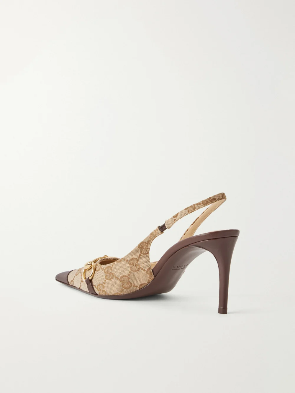 Back view of the Gucci Donna 80 Horsebit-detailed Leather-trimmed Gg Supreme Canvas-jacquard Pumps