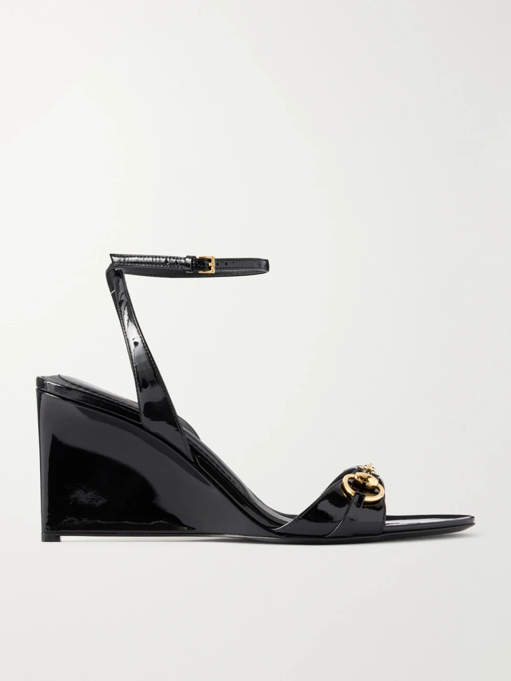 Gucci Donna 80 Horsebit-embellished Patent-leather Wedge Sandals in black