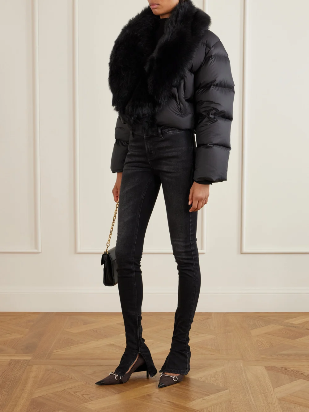 Gucci Donna Leather-trimmed Canvas-jacquard Pumps, styled view