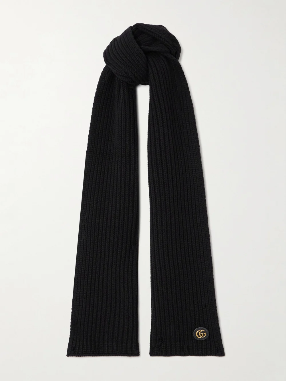 Gucci Embellished Leather-trimmed Ribbed Wool and Cashmere-blend Scarf in black
