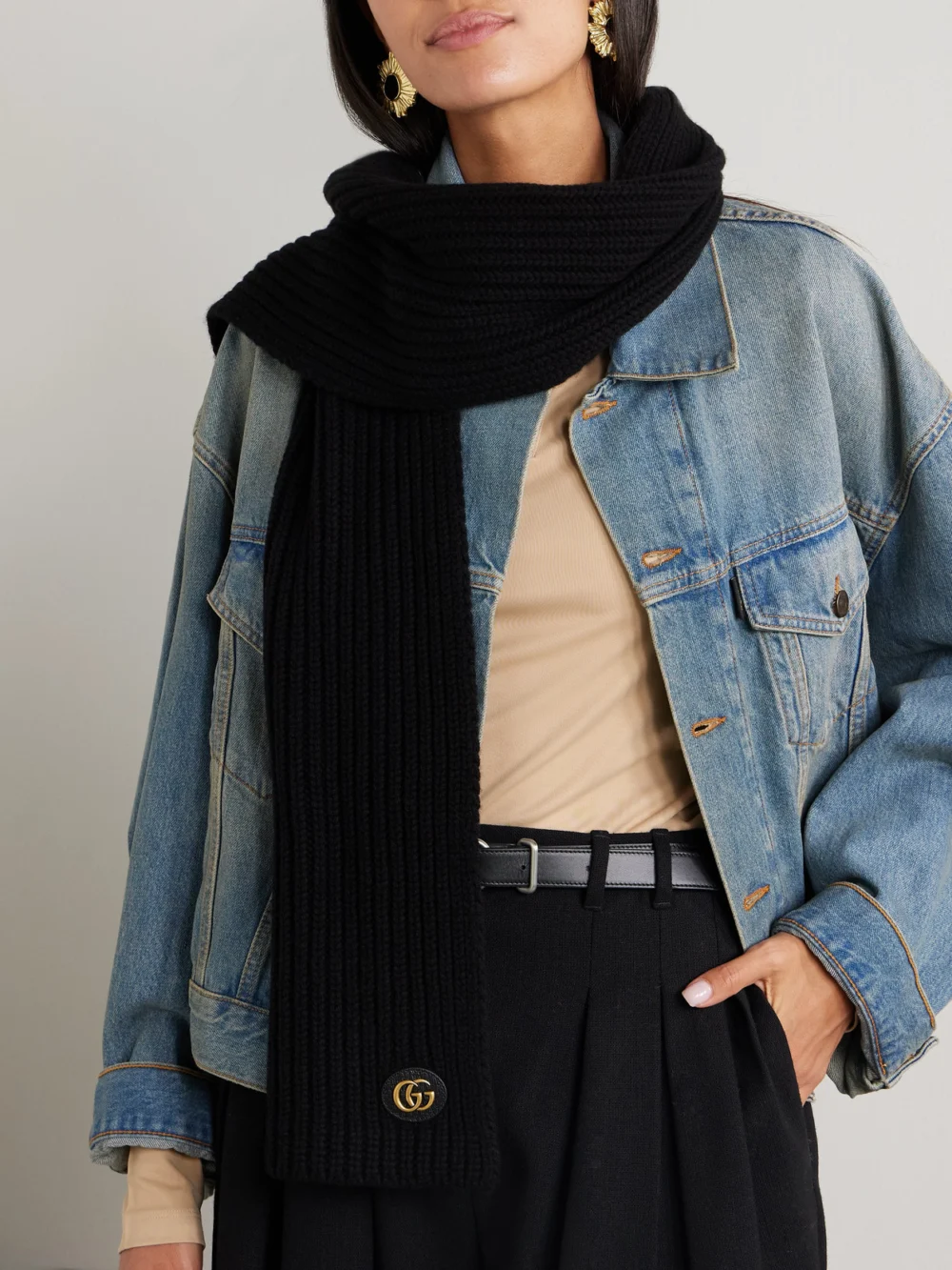 Gucci Embellished Leather-trimmed Ribbed Wool and Cashmere-blend Scarf, styled view