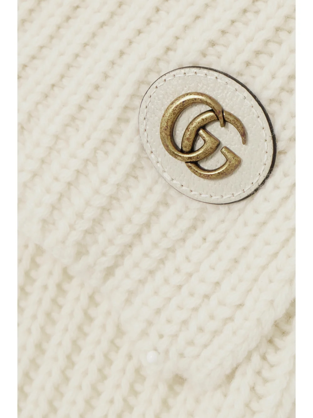 Close-up detail of the Gucci Embellished Leather-trimmed Ribbed Wool and Cashmere-blend Scarf