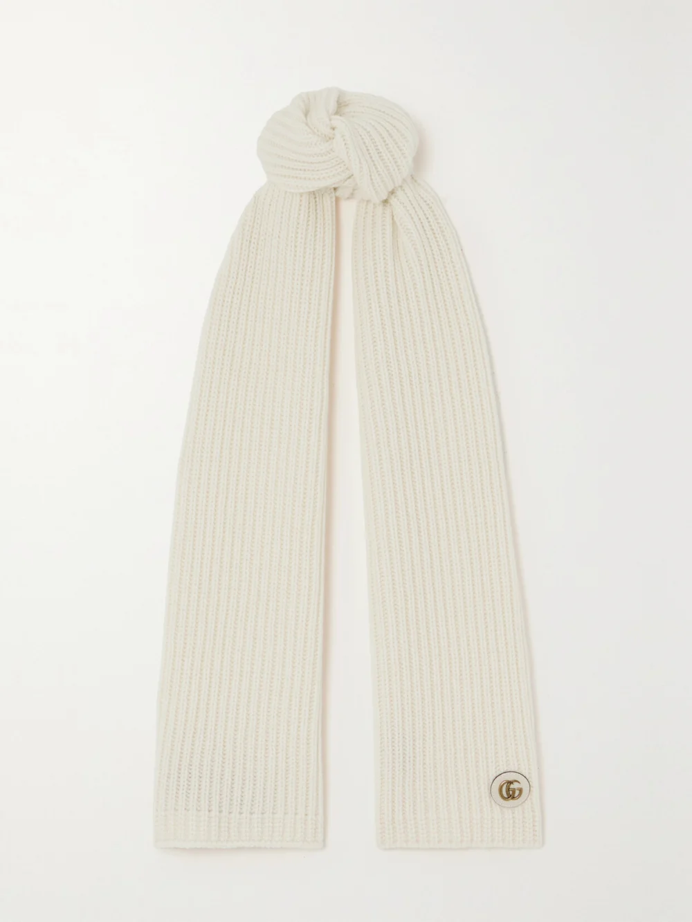 Gucci Embellished Leather-trimmed Ribbed Wool and Cashmere-blend Scarf in ivory