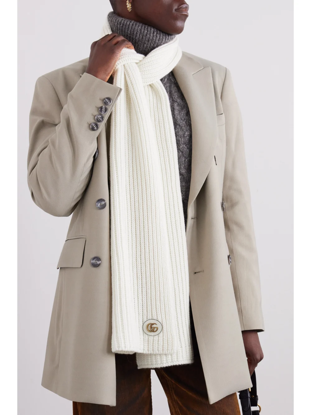Gucci Embellished Leather-trimmed Ribbed Wool and Cashmere-blend Scarf, styled view