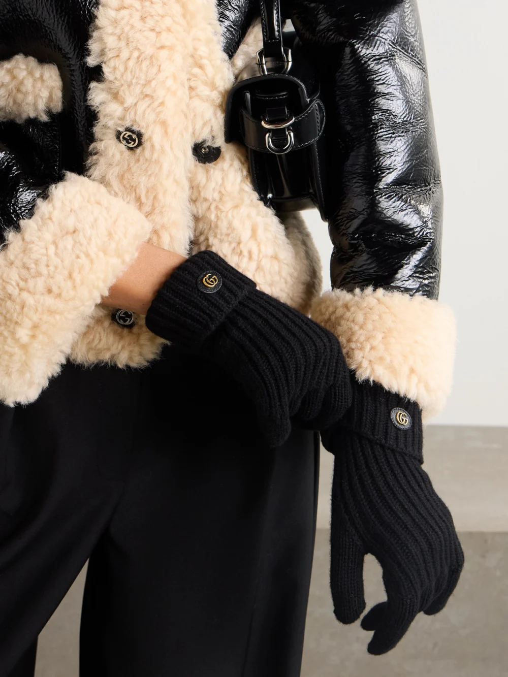 Gucci Embellished Leather-trimmed Wool and Cashmere-blend Gloves, styled view