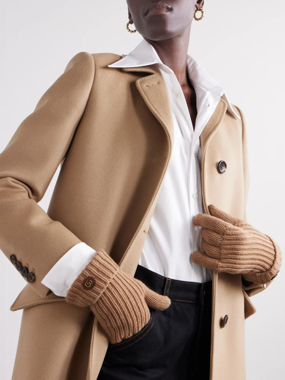 Gucci Embellished Leather-trimmed Wool and Cashmere-blend Gloves, styled view
